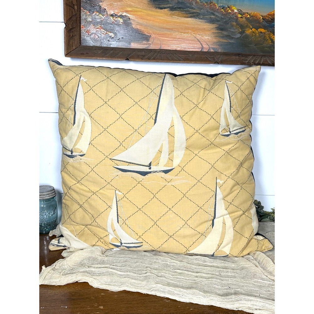 25"‎ x 25" Sailboat embroidered throw pillow yellow navy nautical Creative Home